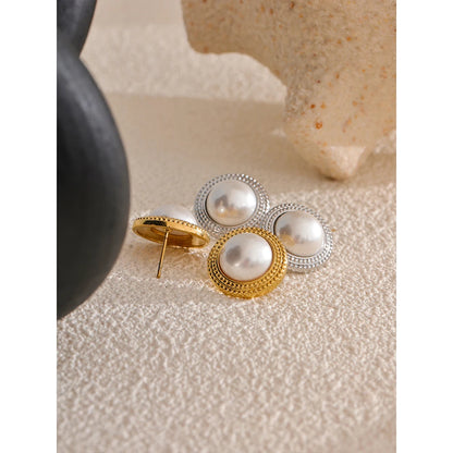 Yhpup Korean Imitation Pearls Round Stud Earrings Anti Allergic Elegant Classic Daily Fashion Gold & Platinum PVD Plated Jewelry