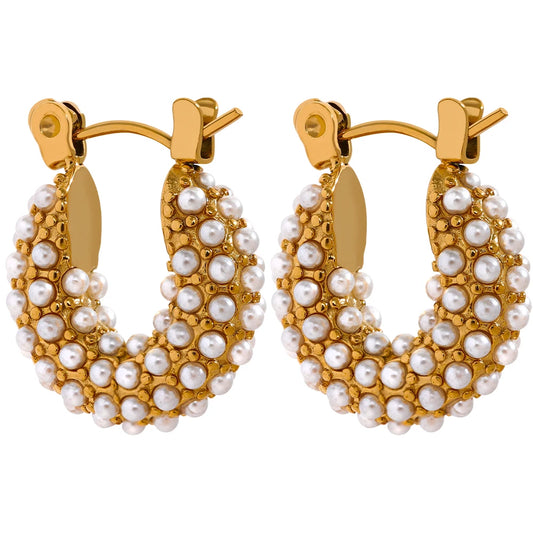 Yhpup Stainless Steel Luxury Small Hoop Earrings Vintage Delicate Imitation Pearls Texture Gold Color Waterproof Fashion Jewelry