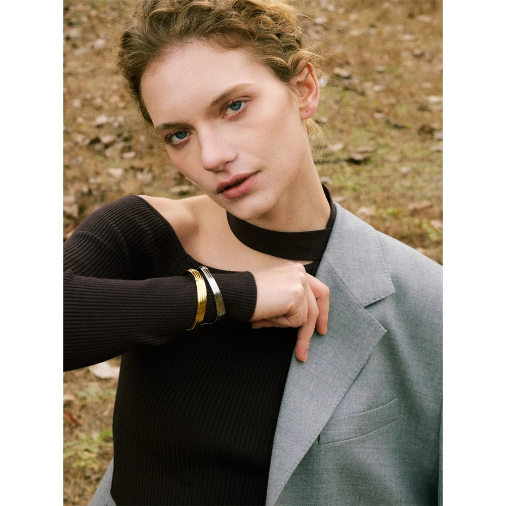 Yhpup Personalized Stainless Steel Metal Hollow Geometric Cuff Open Minimalist Fashion Bracelet Bangle for Women Wrist Jewelry