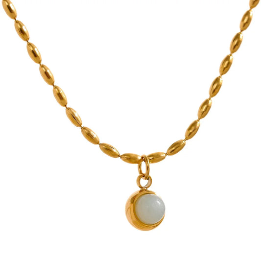 Yhpup Small Aventurine Natural Stone Pendant Stainless Steel 18k Gold Color Necklace Delicate Fashion Chic Jewelry for Women