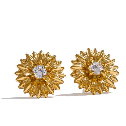 Yhpup Fashion Trendy Stainless Steel Daisy CZ Stereoscopic Waterproof Stud Earrings Women Stylish Daily Jewelry Office Ladies