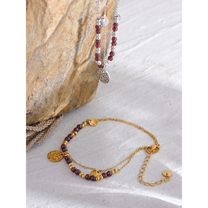 Yhpup Stainless Steel Layered Summer Anklet Chic Stylish Jewelry Fashion Natural Garnet Stone Beads Handmade Chain Women