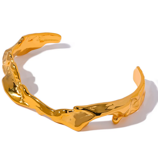Yhpup Waterproof 18K Gold Color Stainless Steel Irregular Geometric Open Cuff Bracelet Bangle Personalized Metal Texture Jewelry