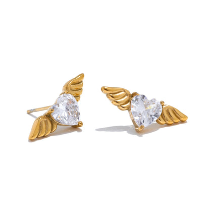 Yhpup Fashion Stainless Steel Shiny Cubic Zirconia Wing Stud Earrings for Women Prevent Allergy Chic Daily Jewelry Gift