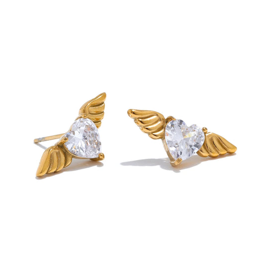 Yhpup Fashion Stainless Steel Shiny Cubic Zirconia Wing Stud Earrings for Women Prevent Allergy Chic Daily Jewelry Gift