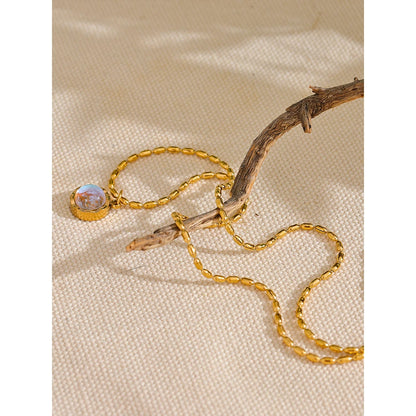 Yhpup Stainless Steel Exquisite Moonlight Stone Drop Necklace for Women High Quality Chic Chain Charm Jewelry Gift Waterproof