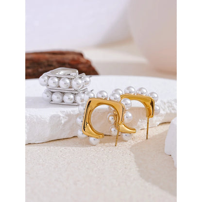 Yhpup Fashion Imitation Pearls 316L Stainless Steel Square Geometric Huggie Earrings Exquisite Korean Jewelry серьги тренд