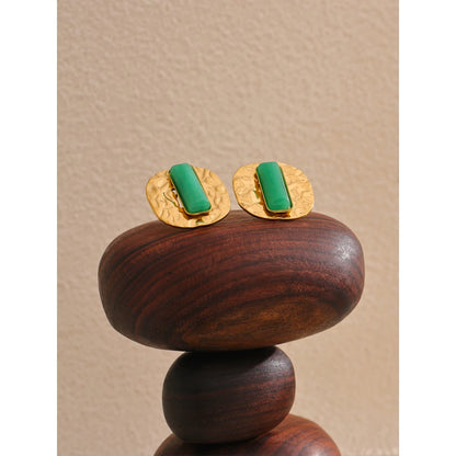 Yhpup Natural Stone Green Agate Square Hammer Fashion Stud Earrings Women Prevent Allergy Metal Attractive Daily Jewelry Gift