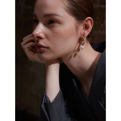 Yhpup Stylish Unique Simulated Pearls Geometric Huggie Earrings Korean Style Stainless Steel Temperament Trendy Jewelry Gift