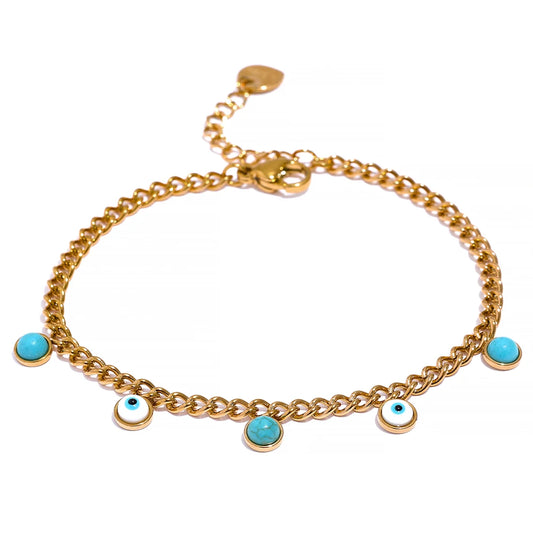 Yhpup Stainless Steel Turquoise Stone Resin Eye Charm Fashion Bracelet Bangle Golden Daily Trendy Jewelry for Female Браслет