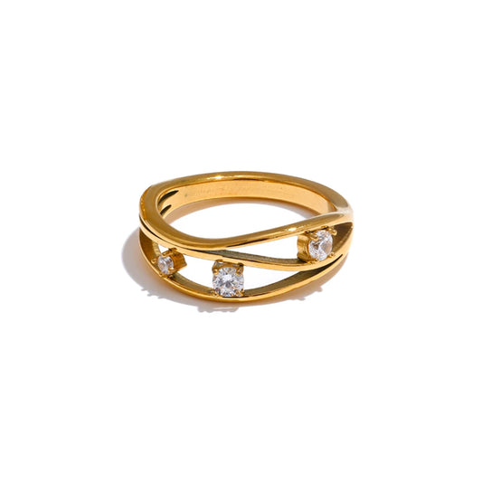 Yhpup 2 Style Stainless Steel Casting Metal Hollow Inlaid Cubic Zirconia Fashion Ring 18k Gold PVD Plated Trendy Finger Jewelry