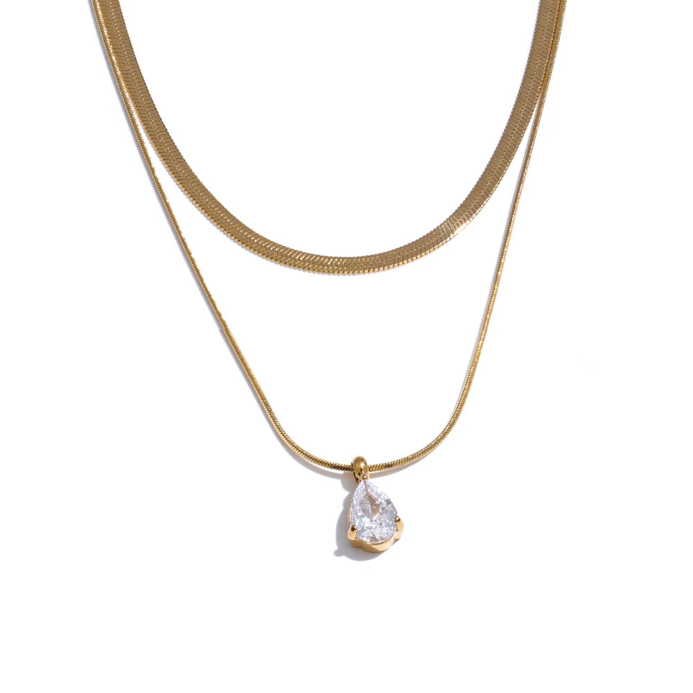 Yhpup Popular Stainless Steel Double Layer Snake Chain Stacking Necklace Pendant Water Drop Zirconia Collar Jewelry Party Gift