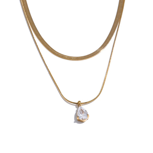 Yhpup Popular Stainless Steel Double Layer Snake Chain Stacking Necklace Pendant Water Drop Zirconia Collar Jewelry Party Gift