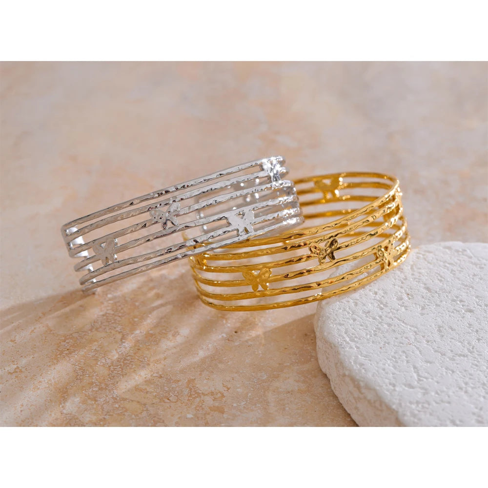 Yhpup Statement Stainless Steel Butterfly Hollow Wide Fashion Cuff Open Bracelet Bangle for Women Waterproof Jewelry New