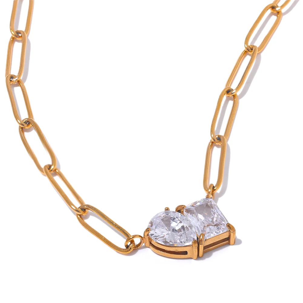 Yhpup Premium AAA Cubic Zirconia Pendant Necklace Gold Color Chain Stainless Steel Geometric High Quality Jewelry for Women