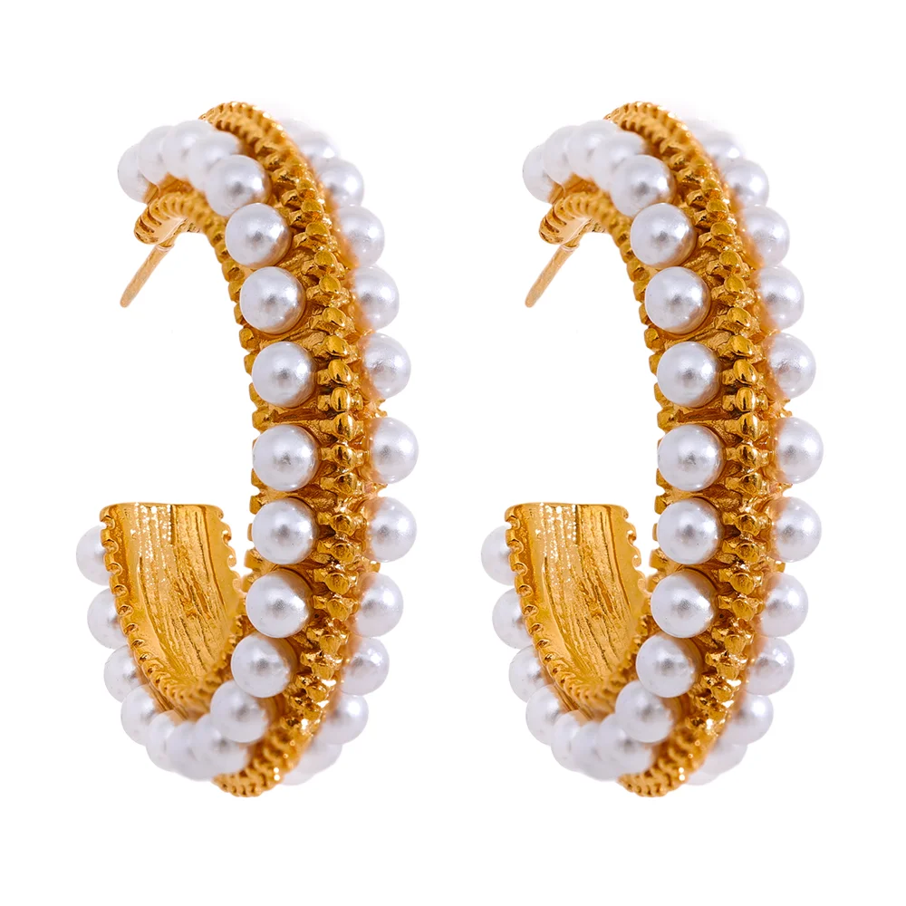 Yhpup Elegant Imitation Pearls Stainless Steel C Shape Geometric Hoop Huggie Earrings Vintage Metal Charm Stylish Jewelry Bijoux