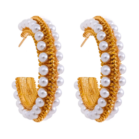 Yhpup Elegant Imitation Pearls Stainless Steel C Shape Geometric Hoop Huggie Earrings Vintage Metal Charm Stylish Jewelry Bijoux