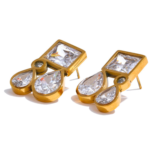 Yhpup Shiny Cubic Zirconia Square Water Drop Teardrop Stud Earrings 316L Stainless Steel CZ Golden Premium Jewelry Gift