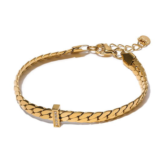 Yhpup High Quality 18K Gold Plated Cuban Chain Stainless Steel Bracelet Bangle Zircon Statement Chic Fashion Waterproof Jewelry