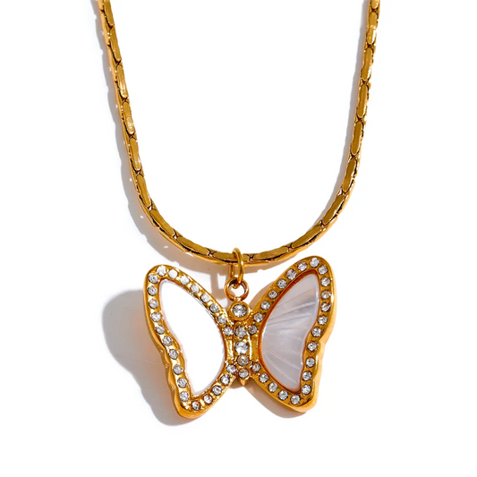 Yhpup Delicate Zircon Stainless Steel Natural Shell Butterfly Cast Pendant Necklace Gold Color Women Fashion Neck Jewelry Gift