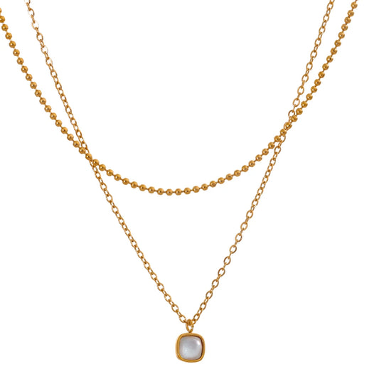 Yhpup Fashion Stainless Steel Layered Chain Overlay Natural Stone Exquisite Square Pendant Necklace Rust Proof Jewelry Gift