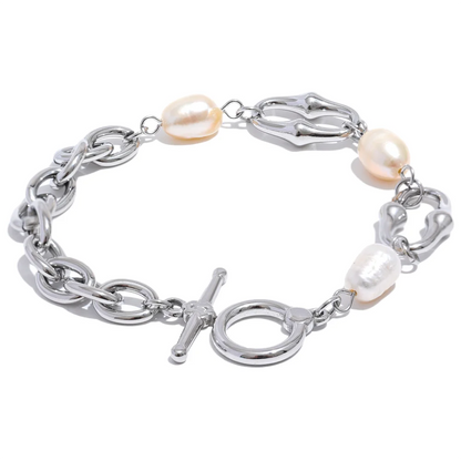 Yhpup 316l Stainless Steel Natural Pearl Chain Toggle-Clasps Bracelet Bangle for Women Elegant Fashion Jewelry Bijoux Waterproof