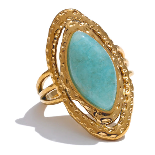 Yhpup Green Natural Stone Fashion Open Ring Adjustable Stainless Steel Golden Geometric Daily Statement Jewelry Accessories Gift
