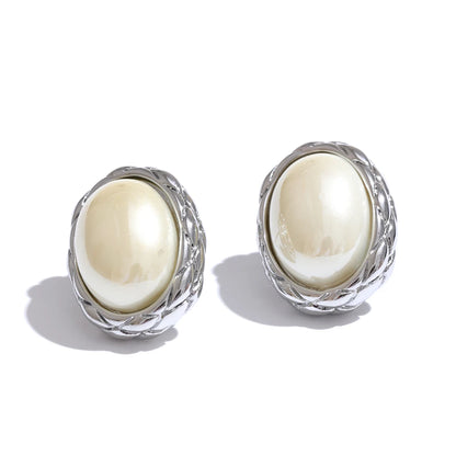 Yhpup Korean Style Yellow Simulated Pearl Oval Stud Earrings for Women Stainless Steel 18K PVD Plated Daily Fashion Jewelry Gift