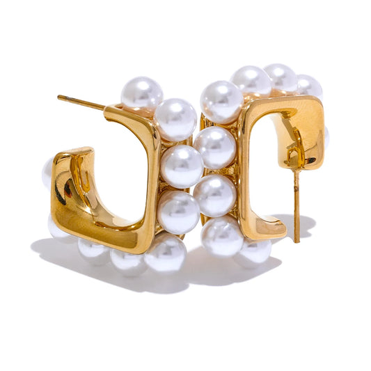 Yhpup Fashion Imitation Pearls 316L Stainless Steel Square Geometric Huggie Earrings Exquisite Korean Jewelry серьги тренд