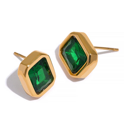 Yhpup Square Geometric White Green Cubic Zirconia CZ Bling Stud Earrings Stainess Steel Waterproof Charm Women Basic Jewelry