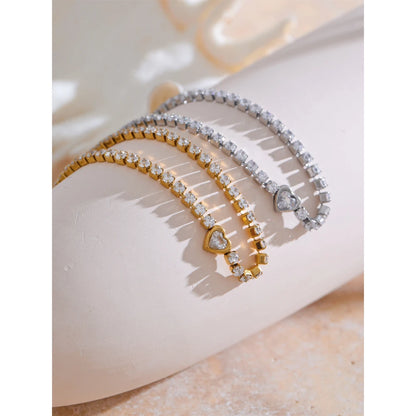 Yhpup Delicate Bling Cubic Zirconia Heart Chain Bracelet Bangle Exquisite Stainless Steel Shiny Waterproof Wrist Jewelry Gift