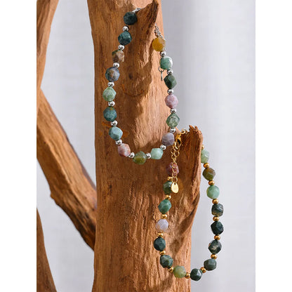 Yhpup Indian Agate Natural Stone Beads Chain Men Bracelet Bangle Stainless Steel Wrist Handmade Summer Jewelry Waterproof