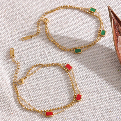 Yhpup Double Chain Green Red Square Acrylic Stainless Steel Bracelet Bangle Charm Gold Color Trendy Fashion Korean Jewelry Women