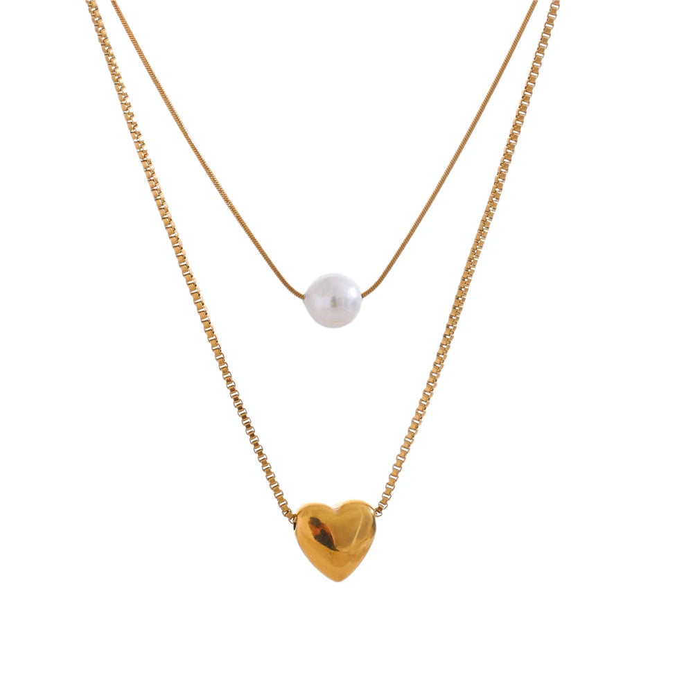 Yhpup Fashion Stainless Steel Double-Layer Chain Heart Imitation Pearl Pendant Stacking Necklace for Women Rust Proof Jewelry