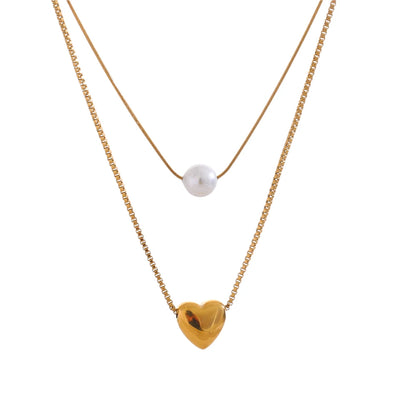 Yhpup Fashion Stainless Steel Double-Layer Chain Heart Imitation Pearl Pendant Stacking Necklace for Women Rust Proof Jewelry