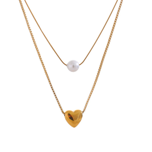 Yhpup Fashion Stainless Steel Double-Layer Chain Heart Imitation Pearl Pendant Stacking Necklace for Women Rust Proof Jewelry