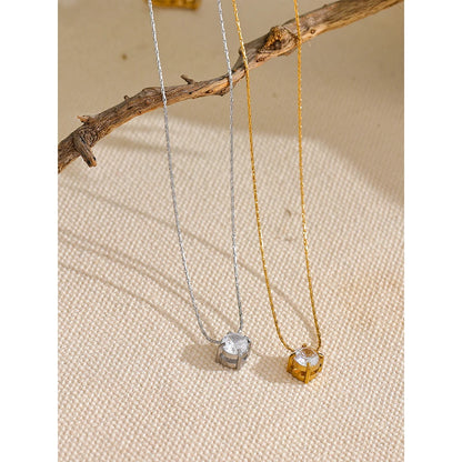 Yhpup Korean Chic Stainless Steel Shiny Cubic Zirconia Cast Delicate Necklace Pendant for Women Daily Waterproof Basic Jewelry