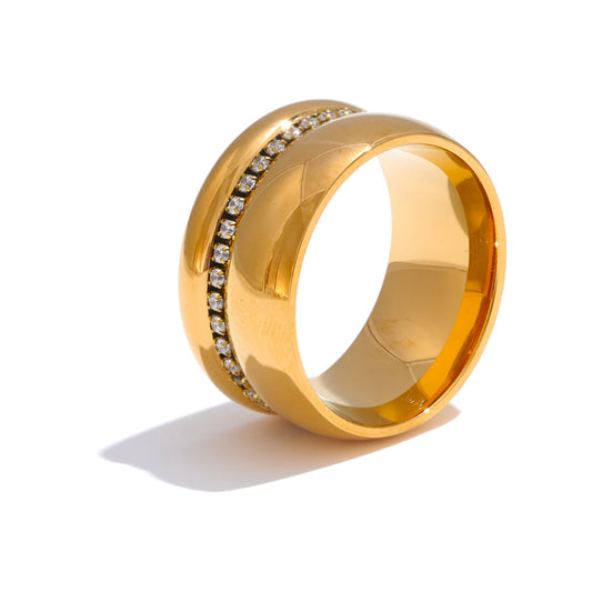 Yhpup Stylish Stainless Steel Round Cubic Zirconia Wide Ring 18K PVD Gold Color Plated Temperament Jewelry
