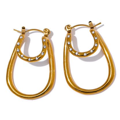 Yhpup Fashion Inlaid Zircon Stainless Steel Oval Hollow Hoop Earrings High Quality Gold Color Exquisite Ear Jewelry Gift