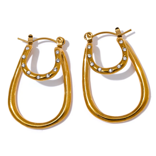 Yhpup Fashion Inlaid Zircon Stainless Steel Oval Hollow Hoop Earrings High Quality Gold Color Exquisite Ear Jewelry Gift