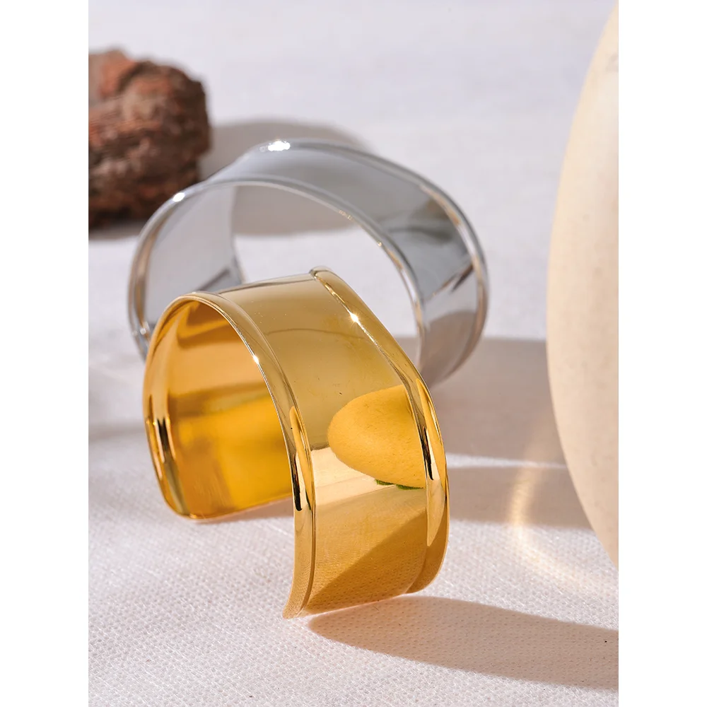 Yhpup High Quality Stainless Steel Metal Wide Cuff Open Bracelet Bangle Waterproof Texture Personalized Unisex Jewelry Bijoux