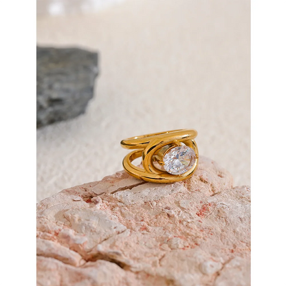 Yhpup Shiny AAA Cubic Zirconia Stainless Steel Gold Color PVD Plated Ring Temperament Fashion Women Fashion Finger Jewelry Gift
