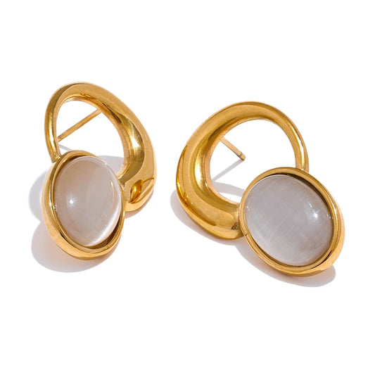 Yhpup Fashion Natural Stone Golden Stud Earrings for Women Stainless Steel Versatile Daily Korean Waterproof Jewelry Bijoux