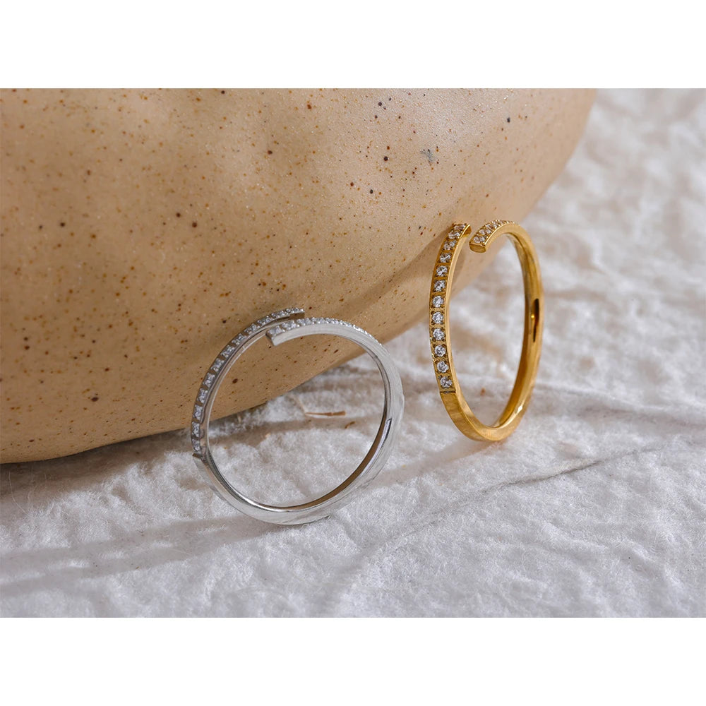 Yhpup Exquisite Minimalist Cubic Zirconia Stainless Steel Open Ring Women Chic Korean Fashion Golden Waterproof Finger Jewelry