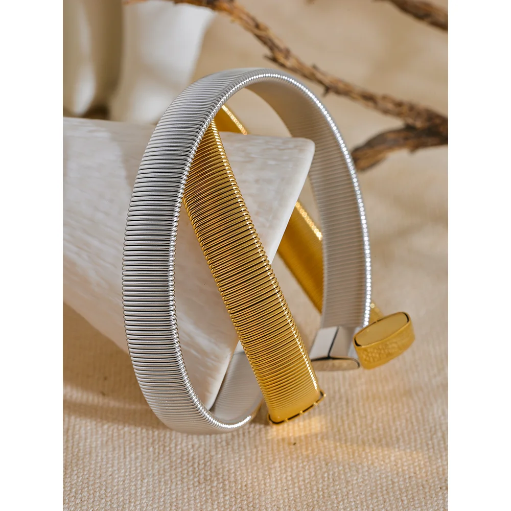 Yhpup 316L Stainless Steel Metal Wide Cuban Chain Cuff Bracelet Bangle Waterproof Statement Texture 18K PVD Plated Jewelry
