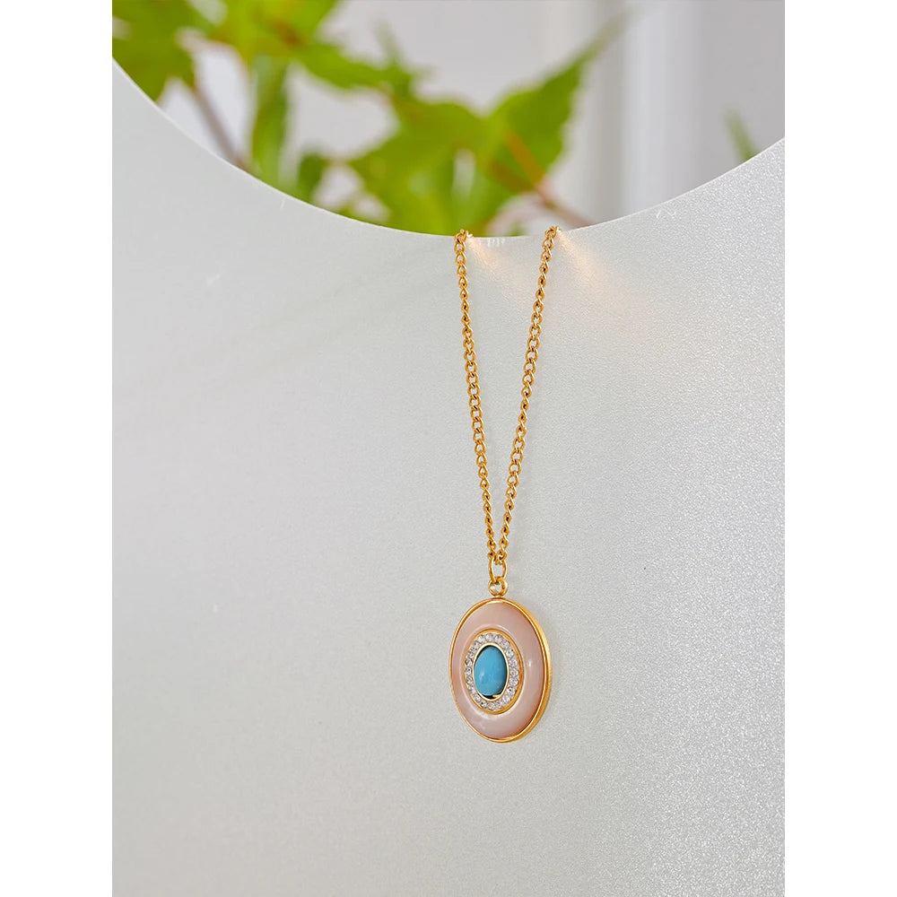 Yhpup Fashion Natural Shell Stone Cubic Zircon Chic Pendant Necklace Vintage Stainless Steel Waterproof Luxury Jewelry Gift