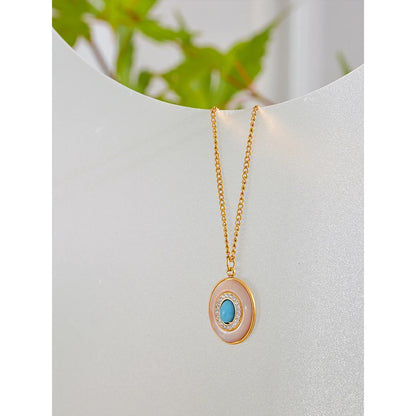 Yhpup Fashion Natural Shell Stone Cubic Zircon Chic Pendant Necklace Vintage Stainless Steel Waterproof Luxury Jewelry Gift