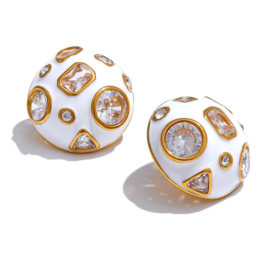 Yhpup Stainless Steel White Enamel inlaid Cubic Zirconia Charm Stud Earrings for Women Fashion Waterproof Jewelry