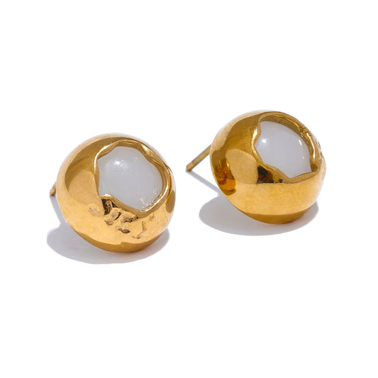 Yhpup Exquisite Natural Stone Stainless Steel Round Fashion Stud Earrings High Quality Stylish Versatile Daily Jewelry for Women