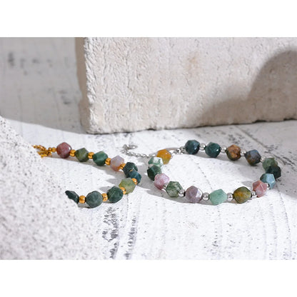 Yhpup Indian Agate Natural Stone Beads Chain Men Bracelet Bangle Stainless Steel Wrist Handmade Summer Jewelry Waterproof